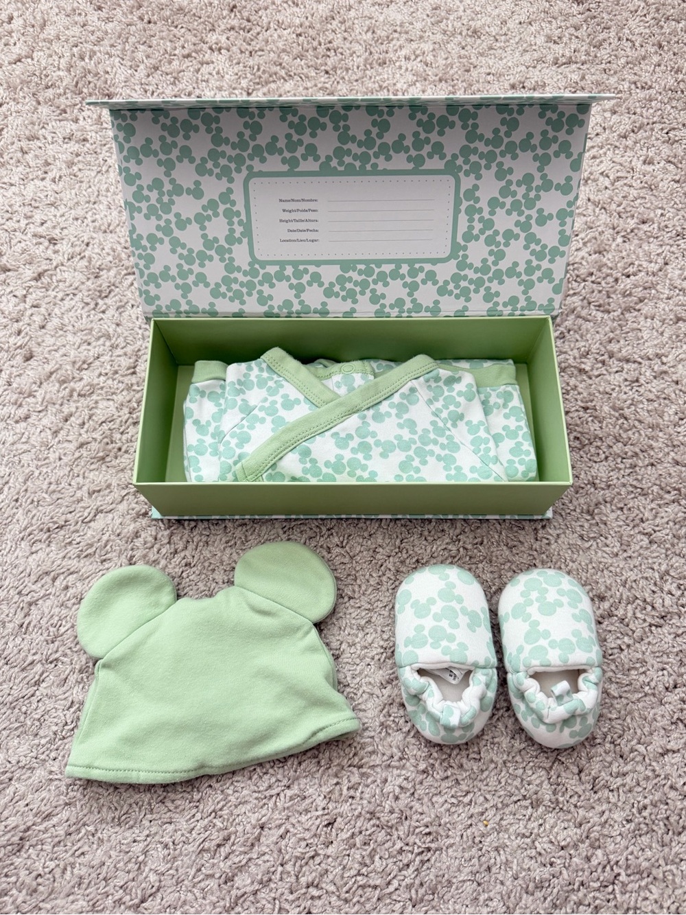 Disney Mickey Mouse Baby 0-3M Onesie with Matching Hat & Booties and Box Set